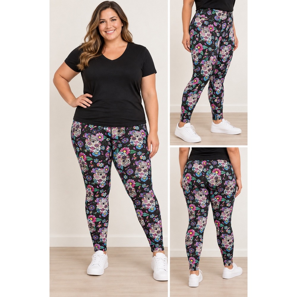 Bobbie Brooks Plus Size 2X Sugar Skull Floral Leggings Black Day of the Dead